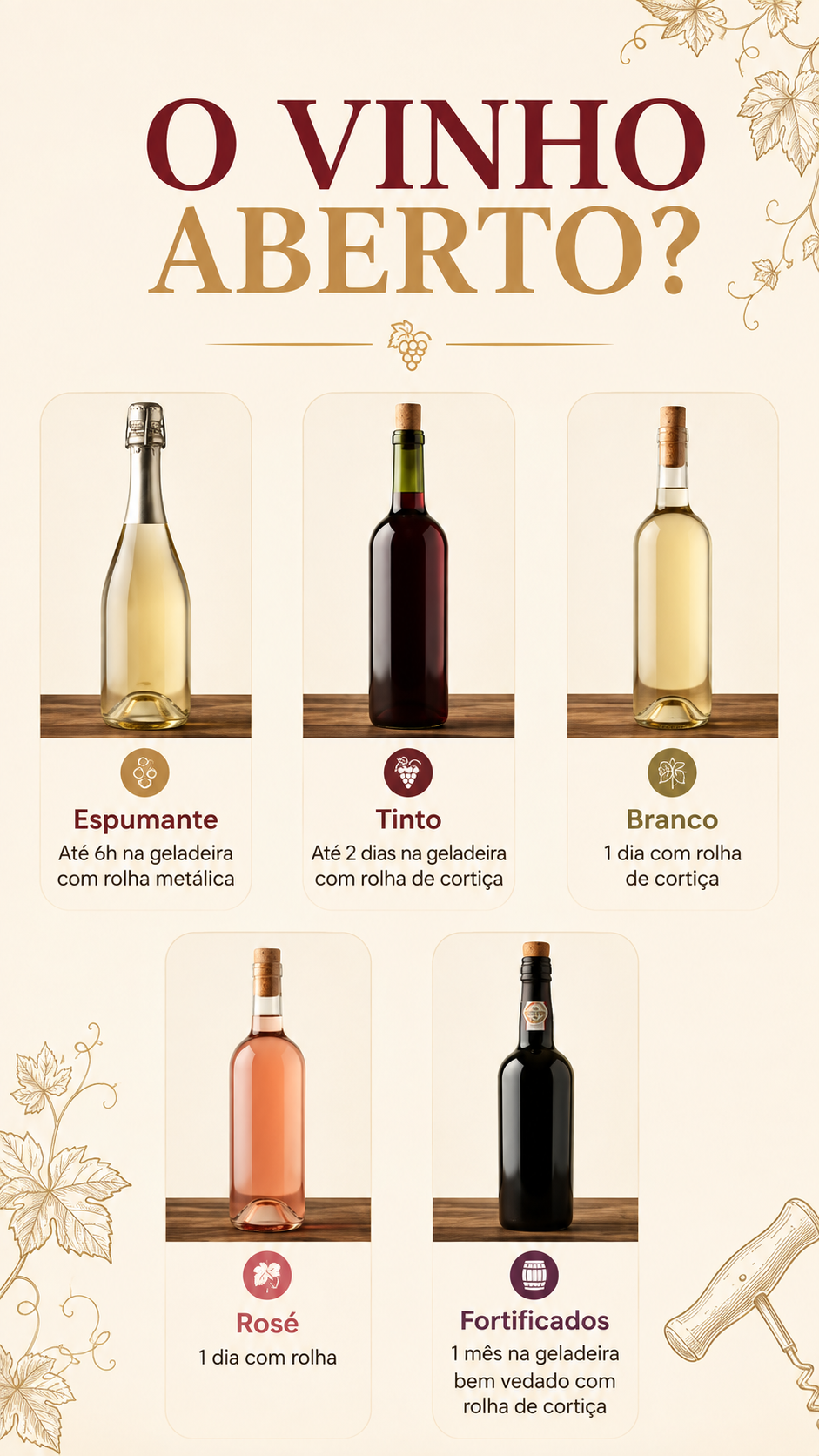 Infográfico da Confraria sobre quanto tempo dura um vinho aberto por estilo