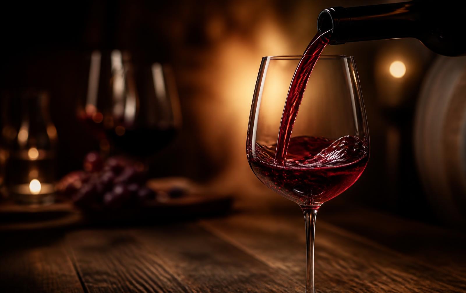 Vinho tinto sendo servido em taça sobre mesa de madeira com luz quente